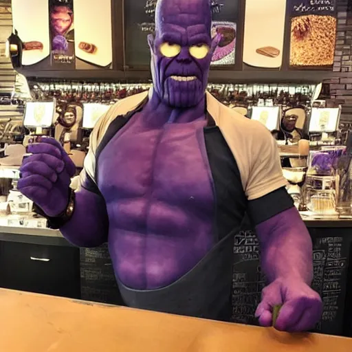 Image similar to thanos as a starbucks barista