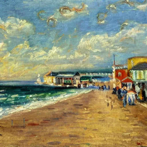 Image similar to a town by the seaside, impressionist