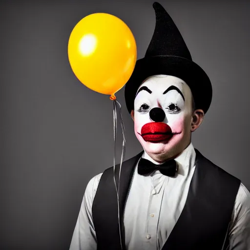 Image similar to a vintage studio portrait of a sad clown with balloons behind him, black background, chiaroscuro lighting, close up portrait, shallow depth of field, 8 0 mm, f 1. 8