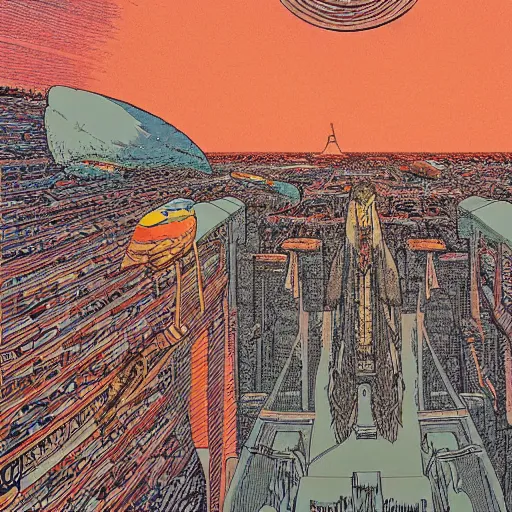 Prompt: A bird's-eye view by jean giraud detailed illustration