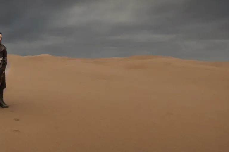 Image similar to a cinematic wide angle shot of a man in his early twenties, in the 2 0 2 1 movie dune, the sand is in the form of a wave, stormy weather, dry, film still, cinematic, dramatic lighting, by zack snyder