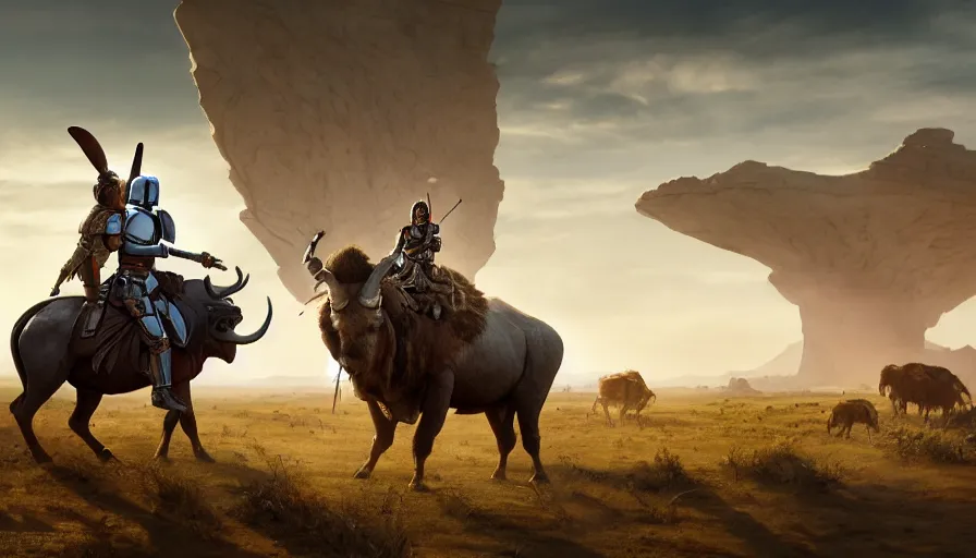 Image similar to mandalorian riding a buffalo alone, madagascar with baobabs trees in the background, action scene, an epic fantasy, artgerm and greg rutkowski and alphonse mucha, an epic fantasy, volumetric light, detailed, establishing shot, cinematic, photorealistic, hyper detailed, ultra realistic, trending on art station, octane render, midsommar