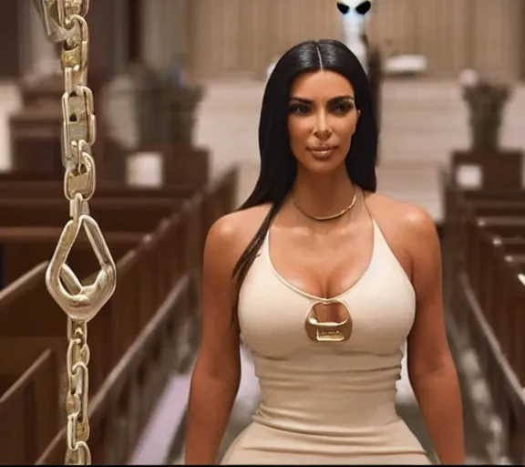 Image similar to a movie still of kim kardashian as a handcuffed prisoner with a chain around her neck bonded to a steel chair on the alter of a church