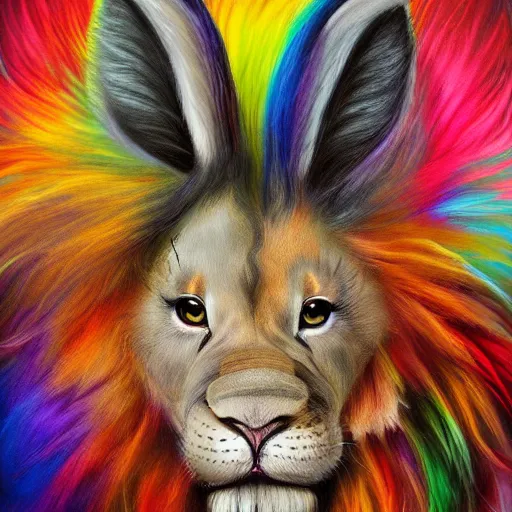 Image similar to cute fluffy bunny mouse mixed creature with long colorful flowing lion mane with mohawk hairstyle hybrid animal detailed painting 4 k
