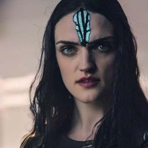 Image similar to Katie McGrath as Cyberpunk Morgana