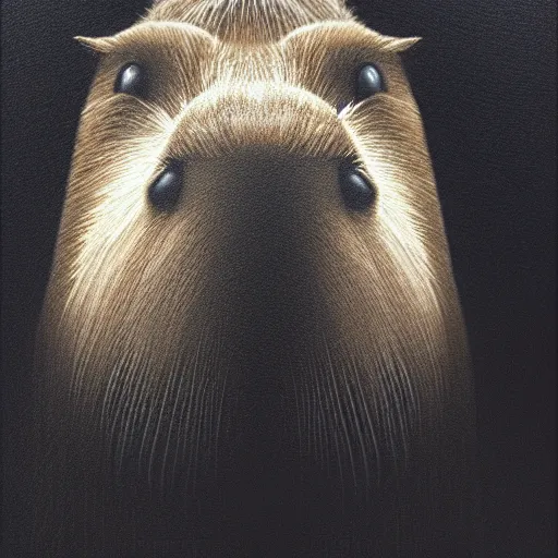 Image similar to a portrait of a capybara wearing a black hood, cloak covering face, anatomically correct, beautiful perfect face, enigmatic, oil painting, matte, black background, volumetric dynamic lighting, highly detailed, cinematic lighting, unreal engine, 8 k, hd, by beksinski