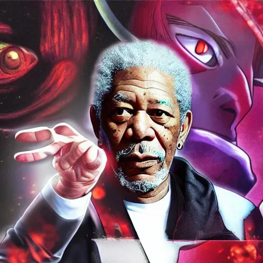 Image similar to morgan freeman as anime character with sharingan super powers