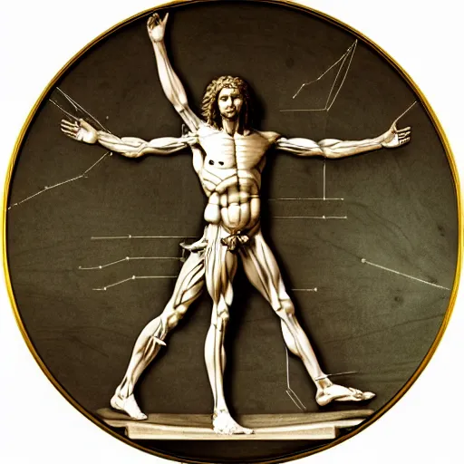 Image similar to Da Vinci's Vitruvian Man as a marble sculpture by Michelangelo, gold medallion, 4k, hyper realistic, detailed, accurate anatomy, four legs, four arms, octane render, well lit studio lighting