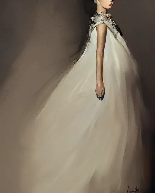 Prompt: a painting of alicia vikander or millie bobby brown in a wedding dress, highly detailed, artstation, concept art, by john jude palencar