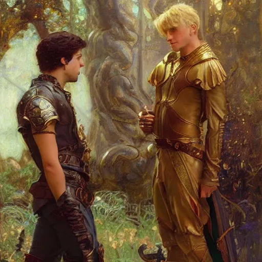 Image similar to attractive male arthur pendragon confesses his love to attractive male merlin. highly detailed painting by gaston bussiere, craig mullins, j. c. leyendecker 8 k