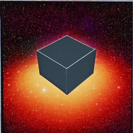 Prompt: analog photograph of a borg cube from star trek the next generation, galaxies and stars visible, color bleed, film grain