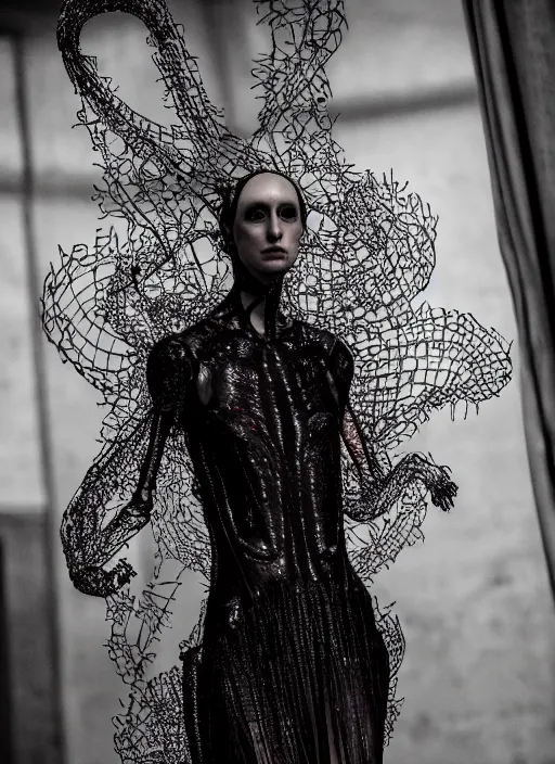 Image similar to walking down the catwalk, steven klein, show, stage, vogue photo, podium, fashion show photo, historical baroque dress dark, iris van herpen, beautiful woman, full body shot, masterpiece, intricate, wires, veins, jellyfishs, biopunk, guyver, highly detailed