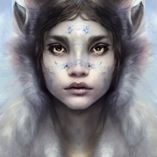 Prompt: A masterpiece portrait of a Incredibly beautiful queer moonchild blind girl with eyeliner . The Queen of the wolves .medium shot, intricate, elegant, highly detailed. trending on artstation, digital art, by Stanley Artgerm Lau, WLOP, Rossdraws, James Jean, Andrei Riabovitchev, Marc Simonetti, Yoshitaka Amano