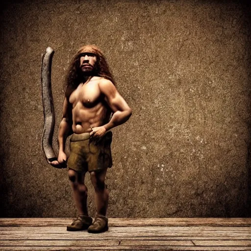 Prompt: neanderthal with a smartphone, realistic, history, old, rustic