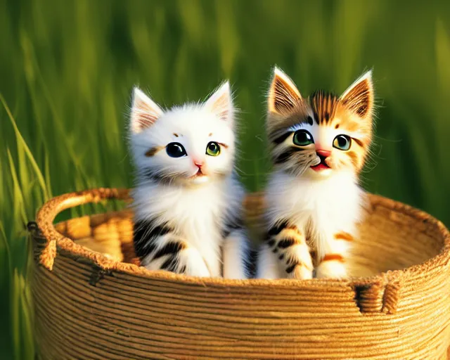 Prompt: anime fine details portrait of cute little kittens sitting in a straw basket in a meadow, bokeh. anime masterpiece by Studio Ghibli. 8k, sharp high quality classic anime from 1990 in style of Hayao Miyazaki