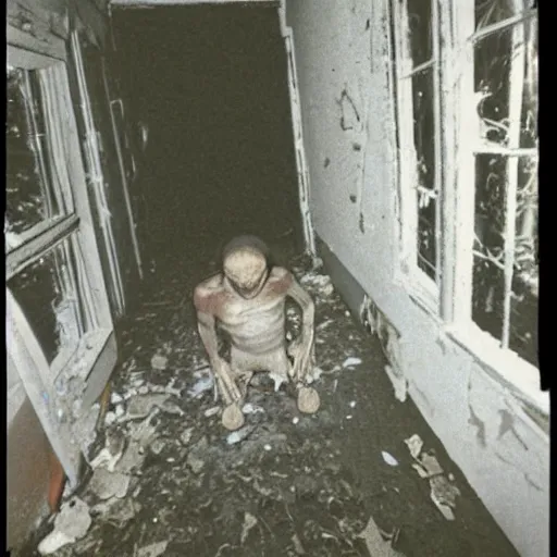 Image similar to 1 9 9 3, disposable camera, flash, old abandoned house, mutant flesh creature