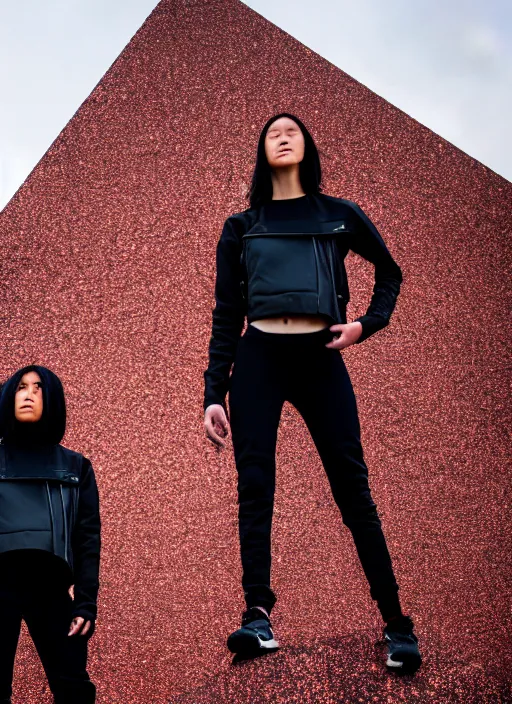 Image similar to cinestill 5 0 d photograph of 2 women wearing black techwear in front of a brutalist sharp - edged metal building, closeup, on a desolate plain, red glitter sky, sigma 8 5 mm f / 1. 4, 4 k, depth of field, high resolution, highly detailed, 4 k, 8 k, hd, full color, raw