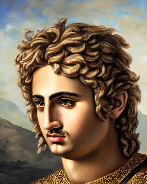 Image similar to oil painting portrait of alexander the great, high production value, intricate details, high resolution, hdr, high definition, masterpiece, realistic, ultrarealistic, highly detailed, hd, sharp focus, non blurry, sharp, smooth