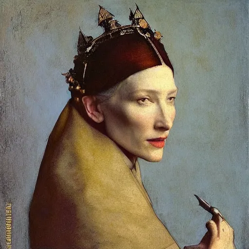 Image similar to cate blanchett by Annie Swynnerton and Nicholas Roerich and Vermeer, strong dramatic cinematic lighting , ornate headdress , lost civilizations, smooth, sharp focus, extremely detailed