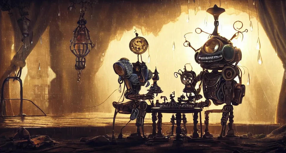 Image similar to a beautiful tapestry, a small robot playing 3 d chess, ultra detailed, atmospheric lighting, rain, steampunk, moody, candles, characters from machinarium, by don bluth, trending on artstation, octane render, 8 k, ultra realistic