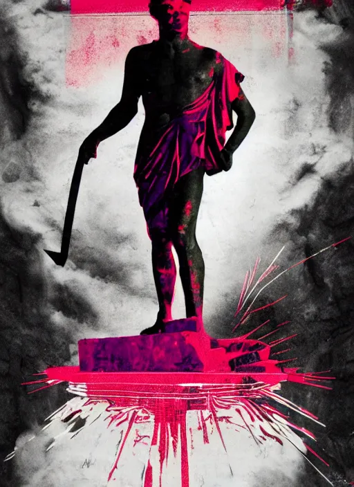 Image similar to design poster showing a statue of julius caesar, black background with very subtle red and purple design elements, powerful, nekro, guido crepax, graphic design, collage art, thin lines, dark, glitch art, neo vaporwave, gritty, layout frame, square, trending on artstation