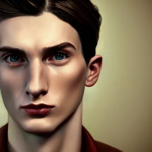 Prompt: A videogame portrait of a young Irish man with high cheekbones. Good bone structure. Dressed in 1940s style. Highly detailed, fine Art, high detail, great lighting, 8k resolution, masterpiece, concept art, illustration, clear eyes, painting oil on canvas, octane render, HDR, trending on artstation, 4k, 8k, HD