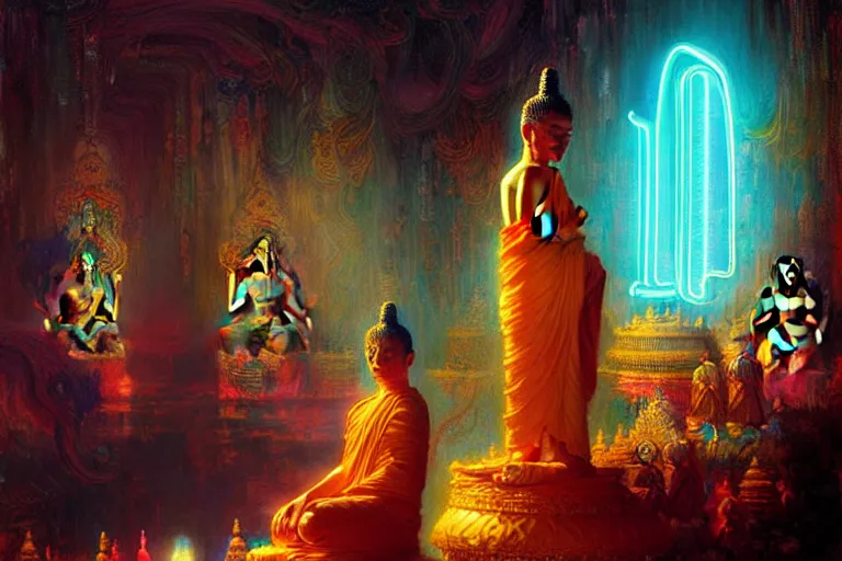 Image similar to buddhism, neon light, painting by gaston bussiere, greg rutkowski, jean giraud