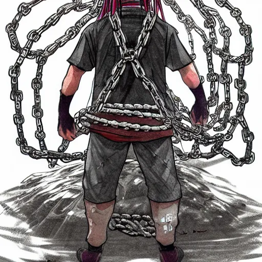 Image similar to A FULL BODY PORTRAIT FROM BEHIND OF MADARA UCHICHA ,THE MAN KEEPS A KUSARIGAMA AND IT IS WRAPPED IN CHAINS ,detailed, concept art, ink style , sketch