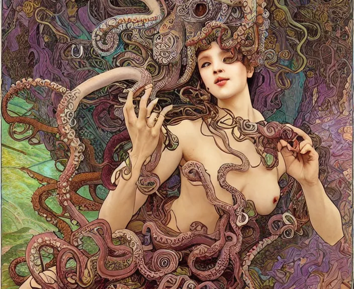 Image similar to portrait of an octopus goddess, full body shot, rule of thirds, wide angle, amazing landscape in background, fantasy, whimsical, horror, art by chengwei pan and alphonse mucha and josephine wall and amanda sage, intricately detailed, highly detailed, luxurious, elegant, clean, unsettling, trending on artstation