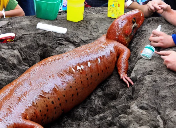 Prompt: Giant cave salamander coming to the surface to eat hot dogs and drink lemonade at the carnival