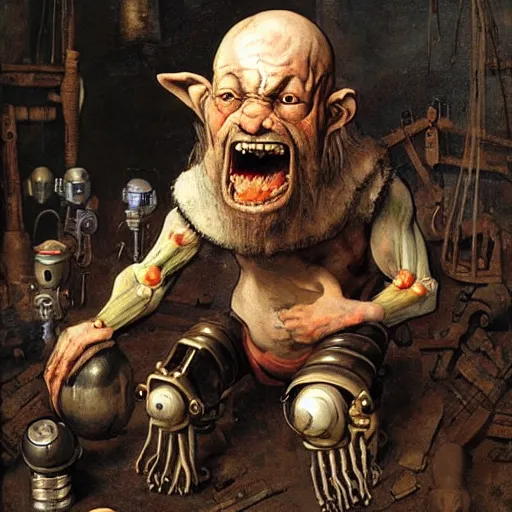Prompt: horrible ragged little cyborg dwarf goblin with maniacal expression and bulging eyes :: mechanical implants attached to head ::3 byzantine hong kong hoarder labaratory ::3 anatomical study by Rembrandt and Bruegel and Carvaggio :: studio Ghibli composition