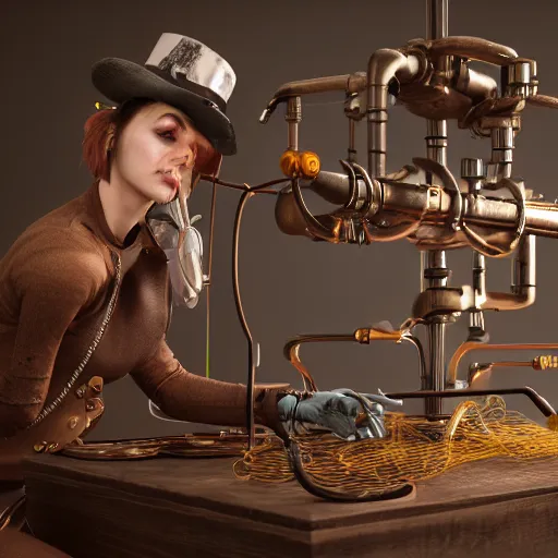 Image similar to 3D photorealistic render of a steampunk taxidermist, connected trough wired, on a advanced lab, octane render, 4k, unreal 5, very detailed, trending on artstation