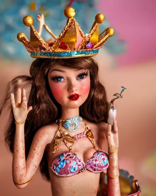 Prompt: closeup face profile portrait of a tin toy fairytale princess wearing a crown eating cakes, bikini, depth of field, zeiss lens, fashion photoshoot by max fleischer, breathtaking, detailed and intricate environment, 8 k resolution, extremely detailed, beautiful, establishing shot, artistic, hyperrealistic, octane render