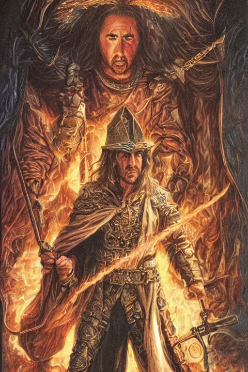 Image similar to Nicolas Cage as wizard, fantasy, intricate, highly detailed, illustration by ken kelly