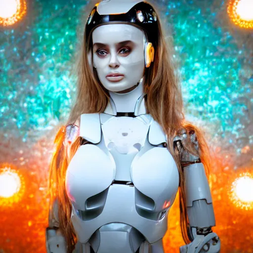 Image similar to beautiful centered Fine art photo portrait of young Carmen Electra daydreaming as a solarpunk robotic humanoid, white mechanical parts with led lights, photorealistic, white background, highly detailed and intricate, sunset lighting, HDR 8k