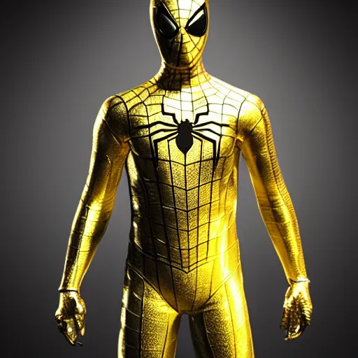 Image similar to gold spider - man suit with black web lining, cinematic, volumetric lighting, realistic, hyperdetailed, photorealistic, photograph