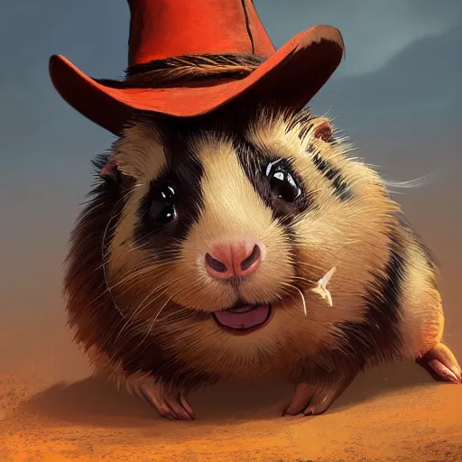 Image similar to cute little anthropomorphic Guinea Pig Red Dead Redemption 2 (2018 videogame) cover art, ultra wide lens shot , tiny, small, short, cute and adorable, pretty, beautiful, DnD character art portrait, matte fantasy painting, DeviantArt Artstation, by Jason Felix by Steve Argyle by Tyler Jacobson by Peter Mohrbacher, cinematic lighting