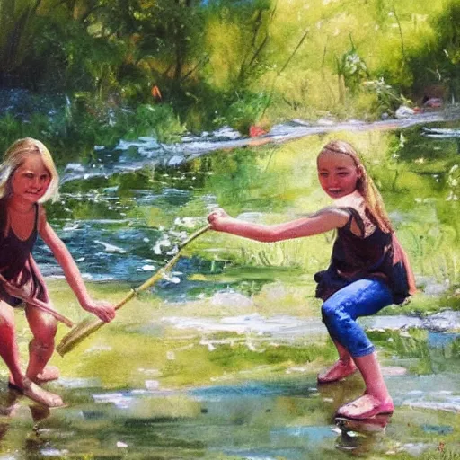 Prompt: two slavic girls splashing in the riverbank, enviroment painting,