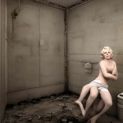 Prompt: marlin monroe in a derelict bathroom posing, realistic, 8k resolution, hyperdetailed, highly detailed, real life, studio lighting, high quality, dramatic shot,