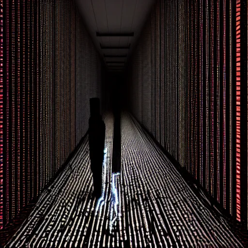 Image similar to photograph of an extremely dark narrow hallway with glowing humanoid cryptid made out of television static, dark deep black shadows, red and black color contrast in the style of trevor henderson, liminal space, 3 d octane render, glitch effect