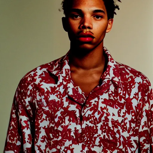 Image similar to realistic! photoshoot for a new heliot emil lookbook, color film photography, portrait of a beautiful men, in style of tyler mitchell, 35mm