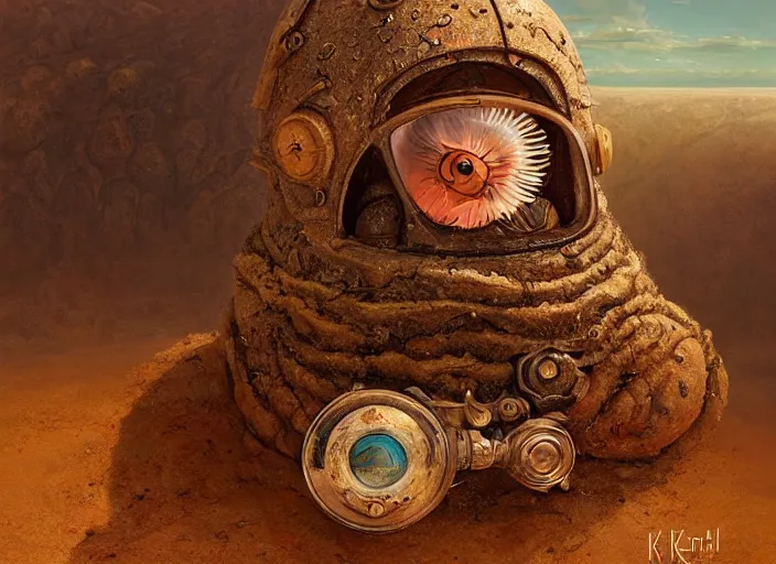 Image similar to a highly detailed forgotten garden gnome surviving in a vast barren desert, hopeless wasteland background with a relentless raging sun overhead, hot, oppressive, an ultrafine detailed painting by by karol bak and filip hodas, trending on deviantart, pop surrealism, whimsical, lowbrow, perfect symmetrical face, sharp focus, masterpiece