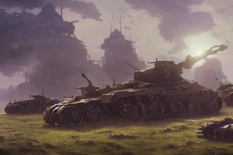 Image similar to concept art of ruined dieselpunk orcish tanks in an open field, key visual, ambient lighting, highly detailed, digital painting, artstation, concept art, sharp focus, by makoto shinkai and akihiko yoshida and hidari and wlop