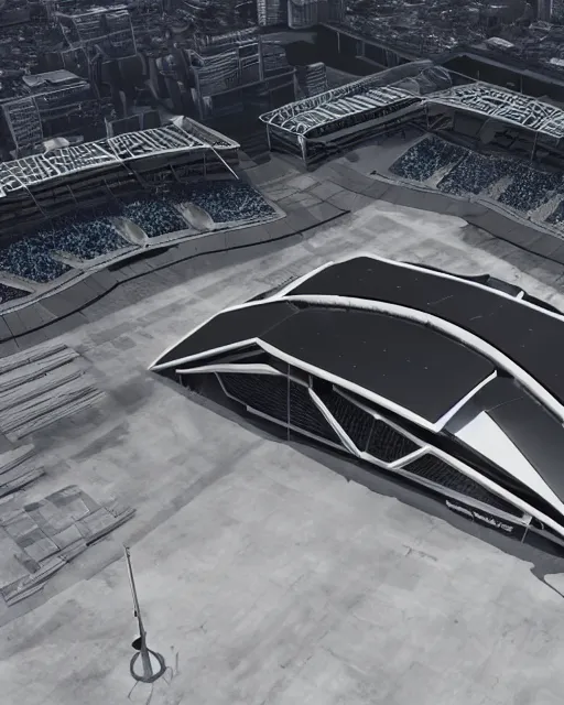 Prompt: a futuristic stadium with a giant black and white gundam, unreal engine, hyper realism, realistic shading, cinematic composition, realistic render, octane render, detailed textures, photorealistic, wide shot