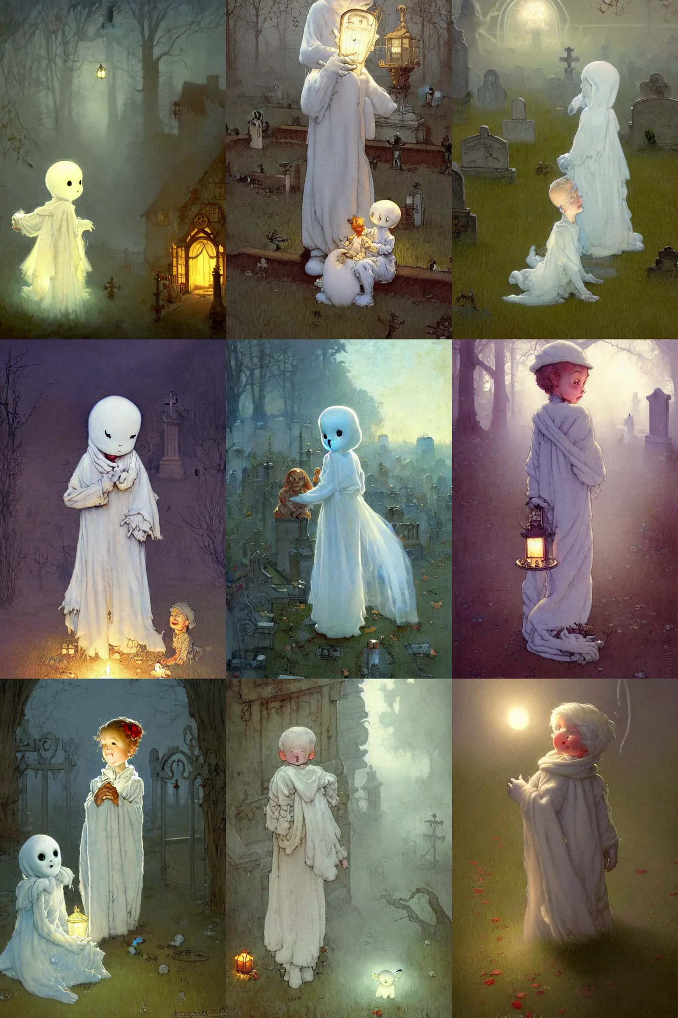 Prompt: caspar the friendly ghost painted by norman rockwell and james jean and gaston bussiere, very detailed and cute and cozy and transparent like a ghost, at the graveyard at midnight, backlight, fog, mist, many ghosts and a haunted house in the background, trending on artstation, award winning illustration