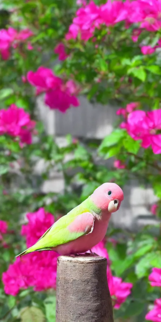 Prompt: a cute pink and white rosy - faced lovebird eating an ice cream in a flower garden. cell phone photograph