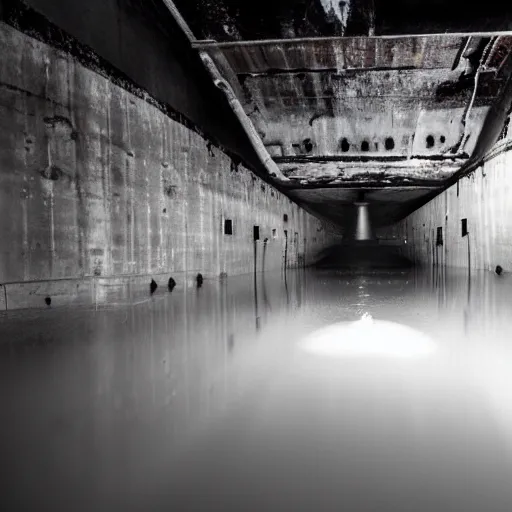 Image similar to the interior of a partially flooded missile silo, dark, scary lighting, scary, creepy, eerie, horror, submechanophobia, submerged machinery, photo,