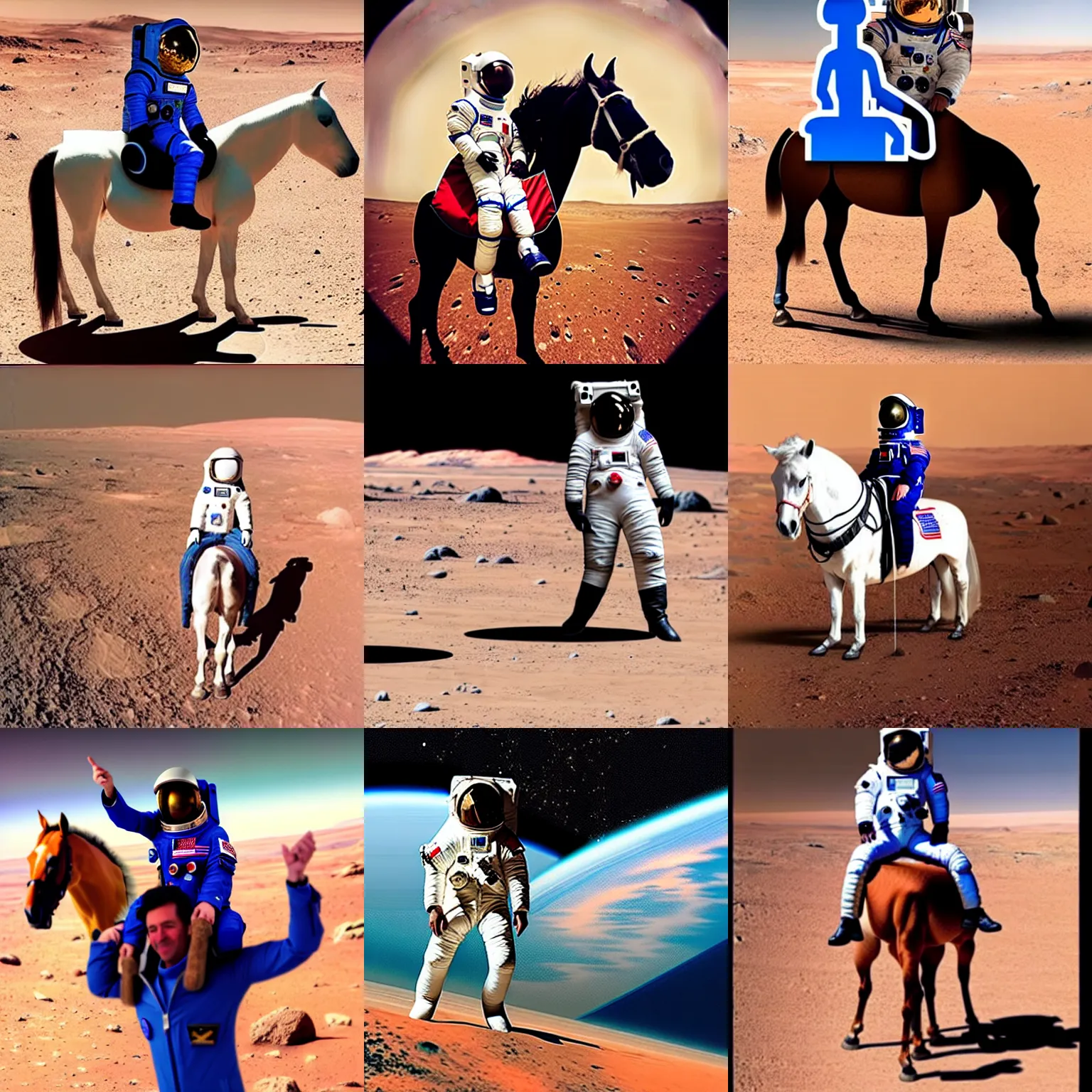 Prompt: guy with horse head sitting on shoulders of astronaut, mars vacation photo, horse sitting on astronaut back, astronaut bent over, meanwhile in a parallel universe