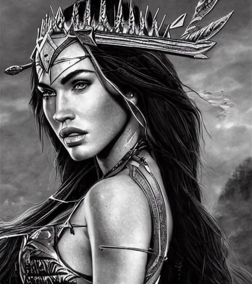 Image similar to portrait of megan fox as beautiful aphrodite goddess as an archer, arrow crown, beautiful piercing eyes, flowing blonde hair, realistic face, black and white drawing, in the style of greg rutkowski, fantasy, amazing detail, epic, intricate, elegant, smooth, sharp focus