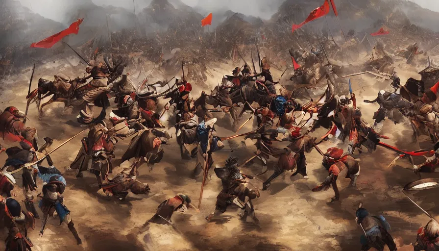 Image similar to fight between and mongols and chinese, artstation